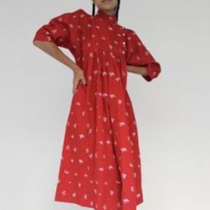 Batsheva Red Embroidered Smock Dress